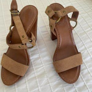Frye Tan Suede Block Heel Sandals - Size 8